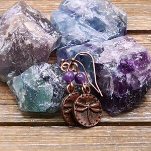 Lepidolite and Copper Dragonfly Drop Earrings